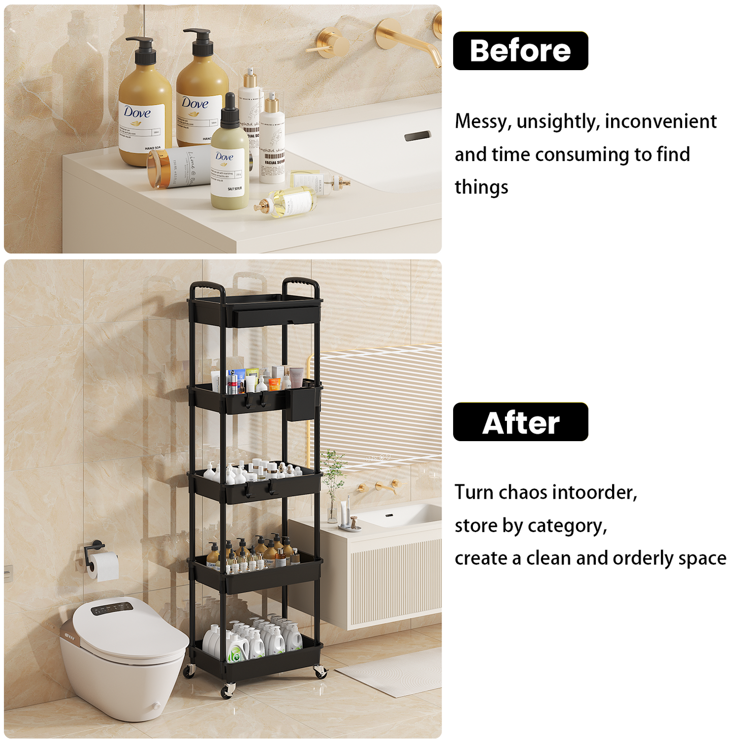 LLMRR 5 Tier Rolling Cart with Drawer, Utility cart with Handle, Bathroom Cart, Snack Cart, Storage Organizer with Lockable Wheels, Rolling Storage Cart for Kitchen, Bathroom, Office, 5 Tier