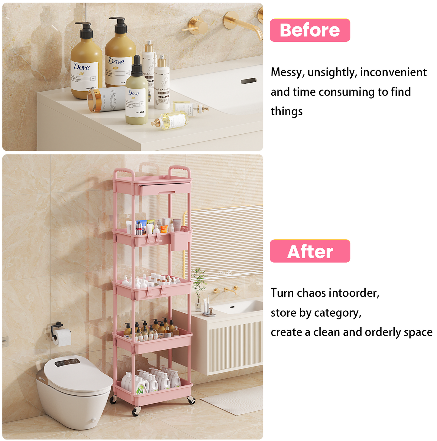 LLMRR 5 Tier Rolling Cart with Drawer, Utility cart with Handle, Bathroom Cart, Snack Cart, Storage Organizer with Lockable Wheels, Rolling Storage Cart for Kitchen, Bathroom, Office, 5 Tier