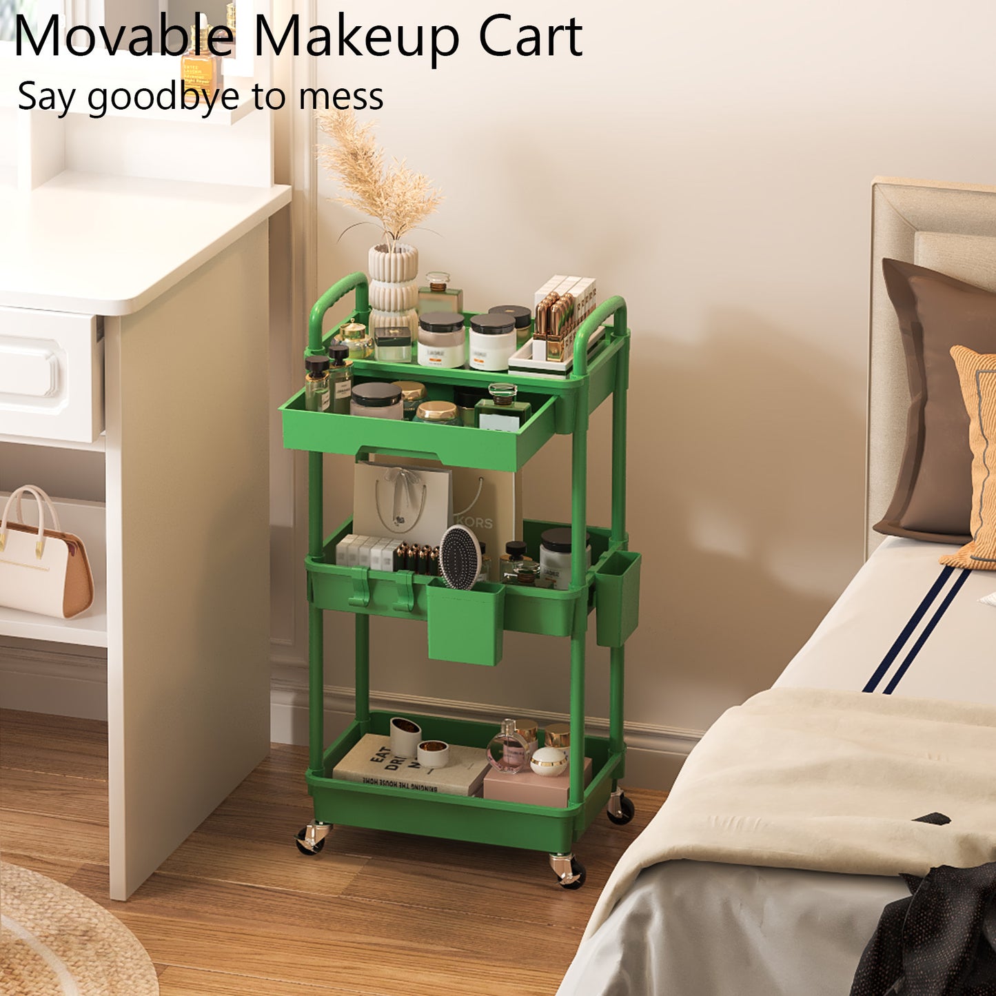 3 Tier Rolling Cart with Drawer, Utility cart with Handle, Bathroom Cart, Snack Cart, Storage Organizer with Lockable Wheels, Rolling Storage Cart for Kitchen, Bathroom, Office, 3 Tier