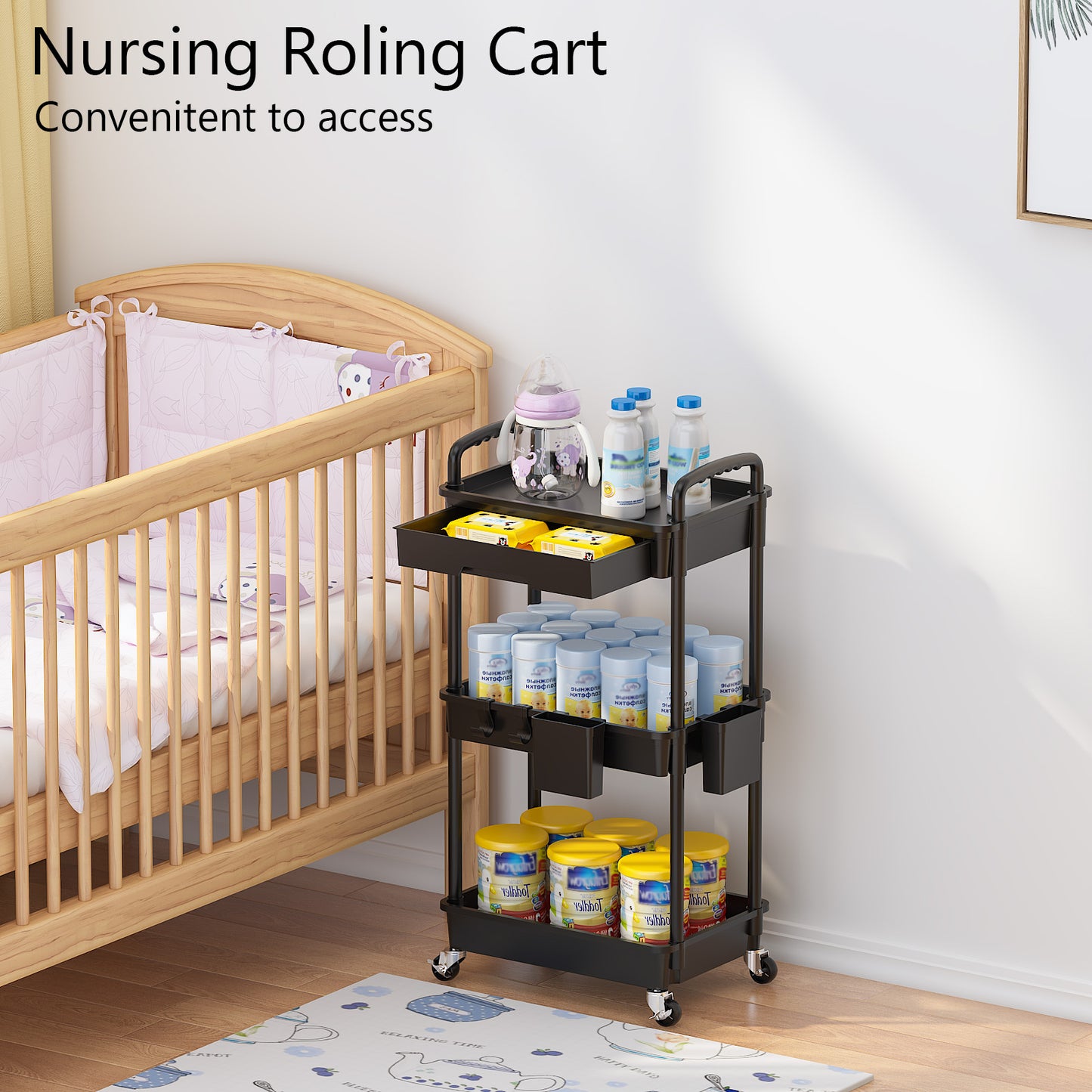 3 Tier Rolling Cart with Drawer, Utility cart with Handle, Bathroom Cart, Snack Cart, Storage Organizer with Lockable Wheels, Rolling Storage Cart for Kitchen, Bathroom, Office, 3 Tier