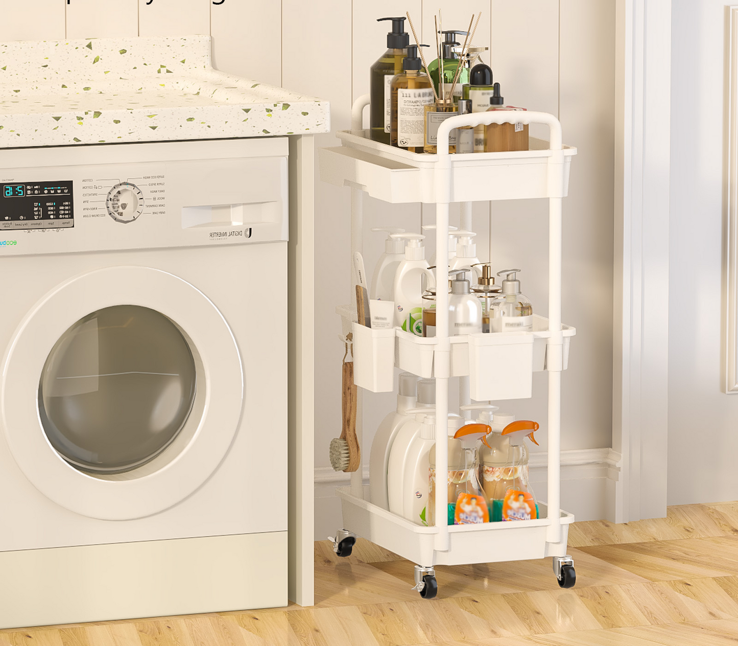 3 Tier Rolling Cart with Drawer, Utility cart with Handle, Bathroom Cart, Snack Cart, Storage Organizer with Lockable Wheels, Rolling Storage Cart for Kitchen, Bathroom, Office, 3 Tier