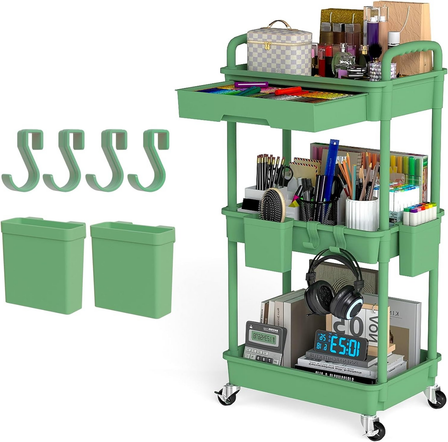 3 Tier Rolling Cart with Drawer, Utility cart with Handle, Bathroom Cart, Snack Cart, Storage Organizer with Lockable Wheels, Rolling Storage Cart for Kitchen, Bathroom, Office, 3 Tier