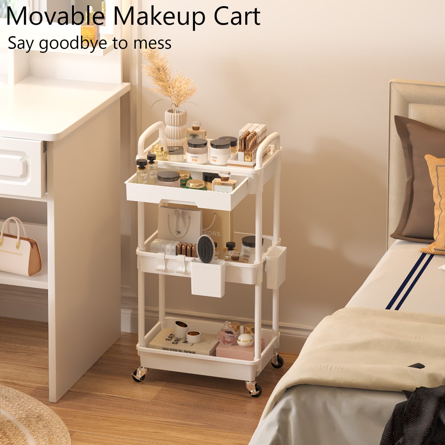 3 Tier Rolling Cart with Drawer, Utility cart with Handle, Bathroom Cart, Snack Cart, Storage Organizer with Lockable Wheels, Rolling Storage Cart for Kitchen, Bathroom, Office, 3 Tier