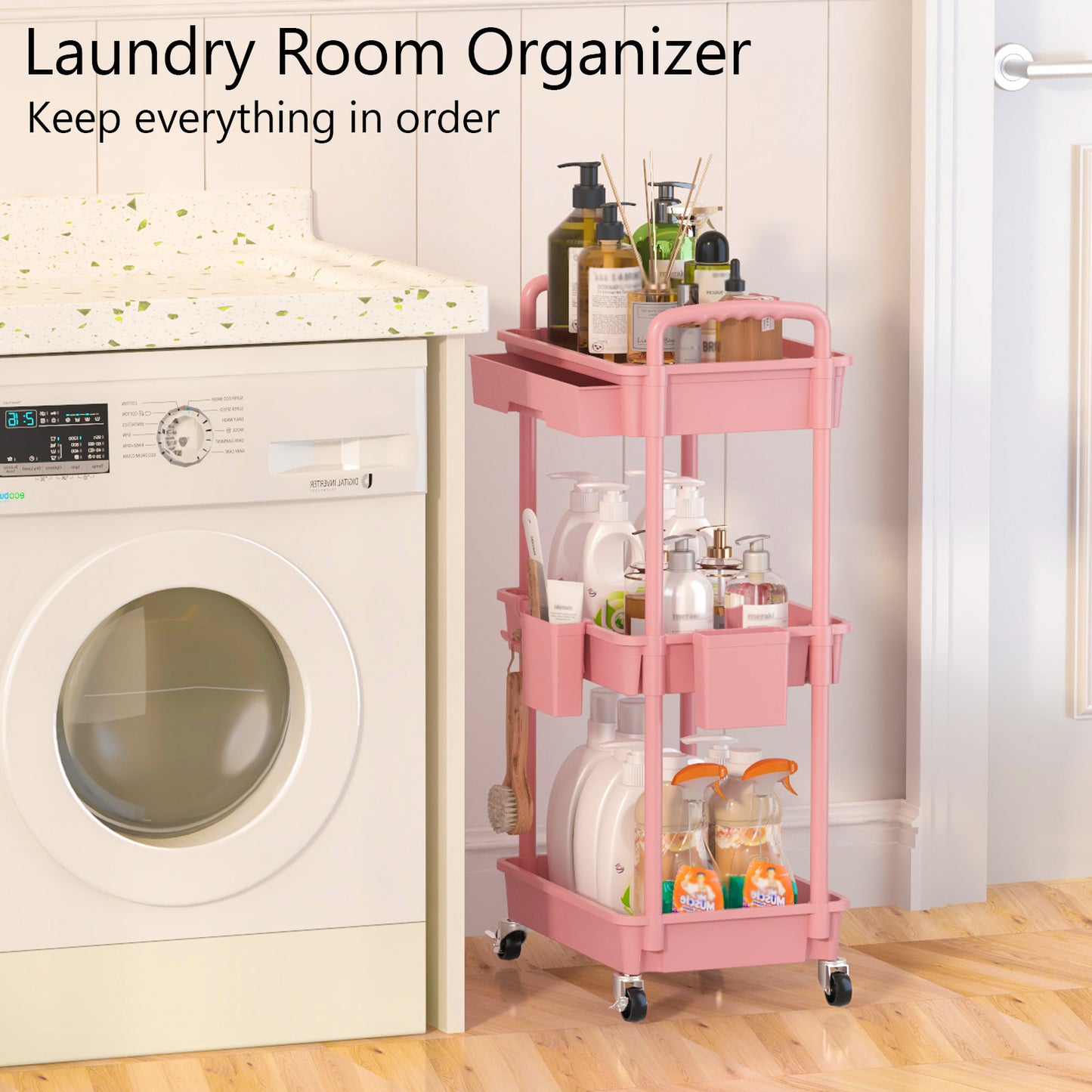 3 Tier Rolling Cart with Drawer, Utility cart with Handle, Bathroom Cart, Snack Cart, Storage Organizer with Lockable Wheels, Rolling Storage Cart for Kitchen, Bathroom, Office, 3 Tier