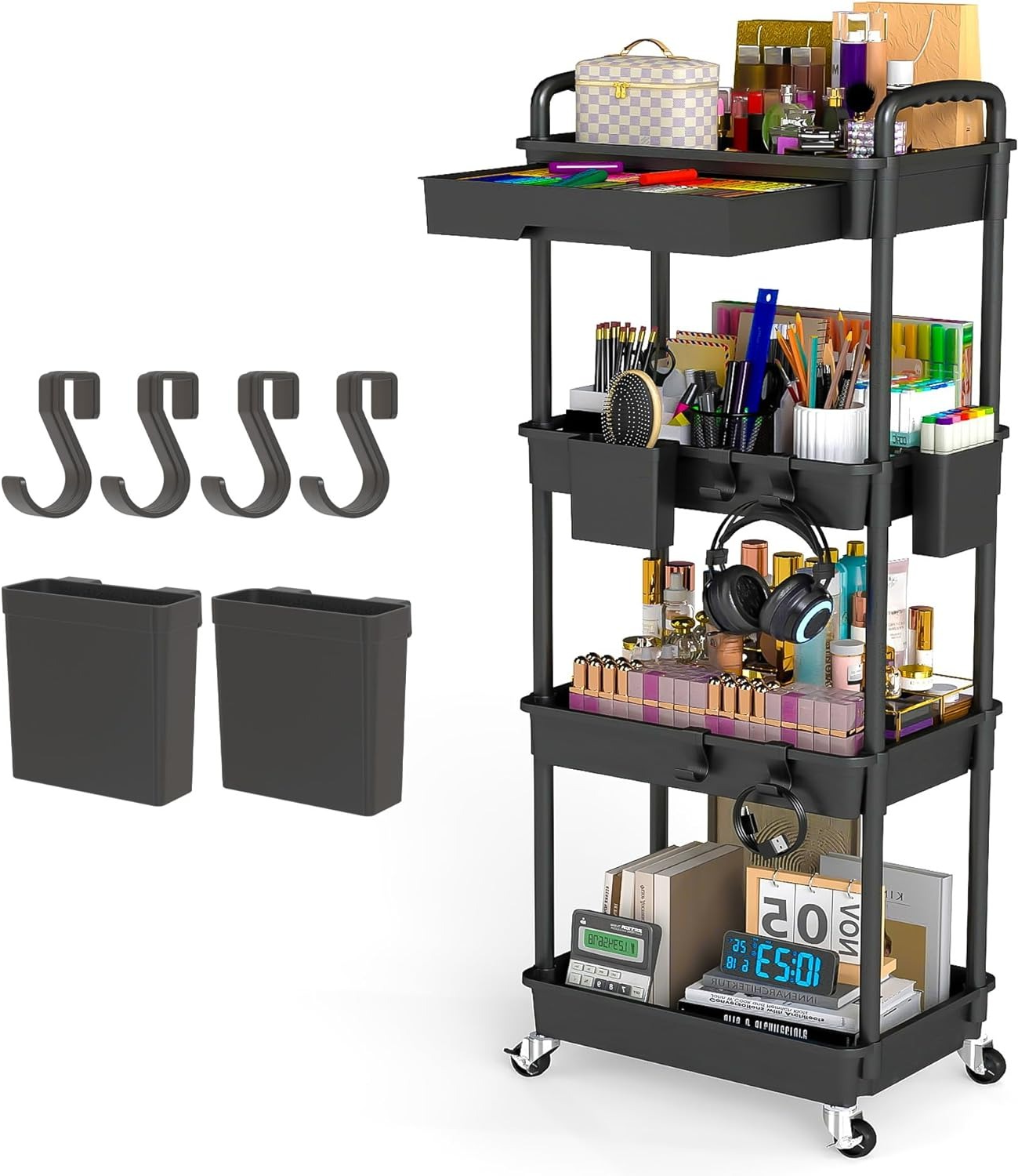 4 Tier Rolling Cart with Drawer, Utility cart with Handle, Bathroom Cart, Snack Cart, Storage Organizer with Lockable Wheels, Rolling Storage Cart for Kitchen, Bathroom, Office, 4 Tier