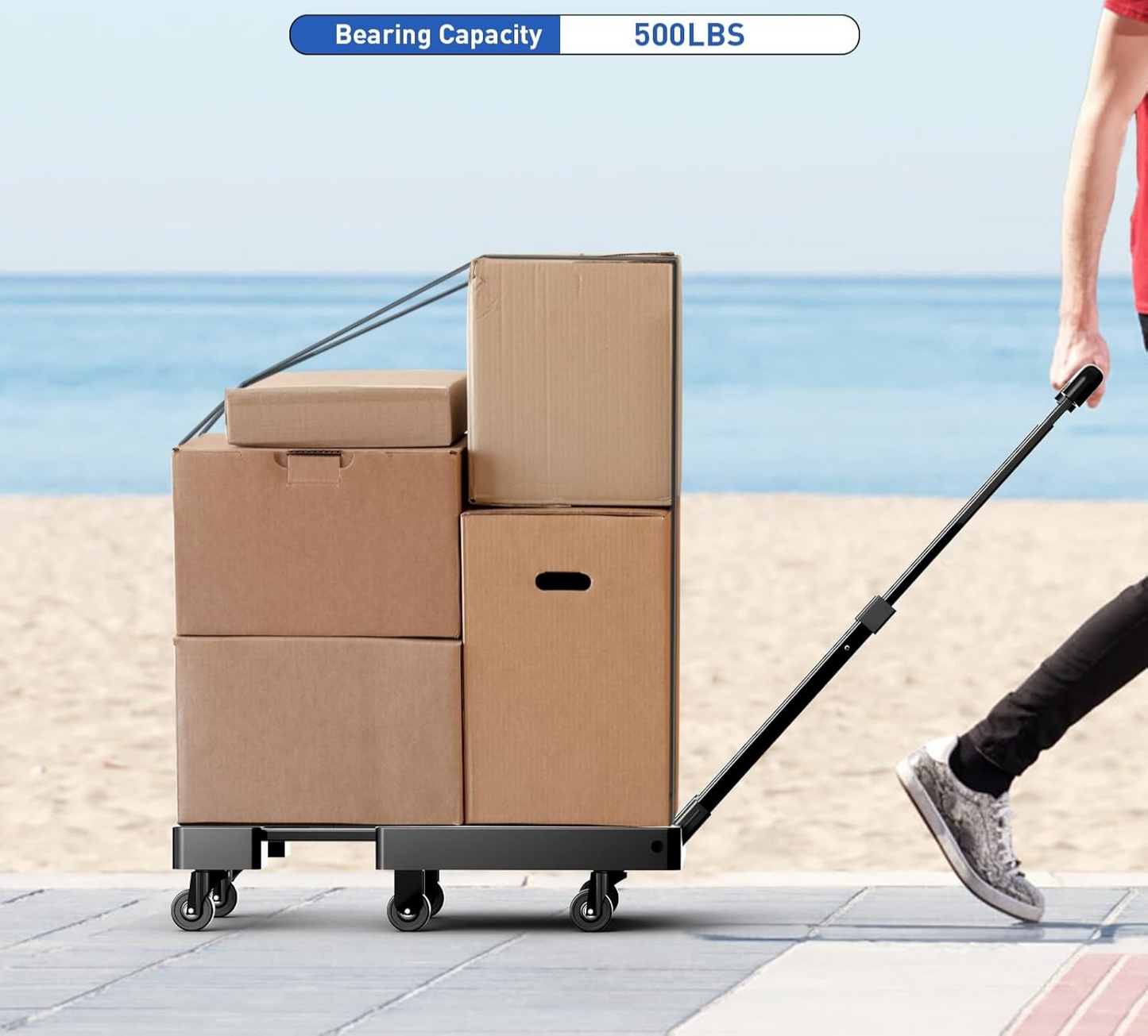 Foldable Dolly, Heavy Duty Dolly Cart, Folding Hand Truck with 6 Wheels & 2 Elastic Ropes, 500 LB Dolly Cart Capacity Portable Luggage Cart for Moving, Traveling and Shopping