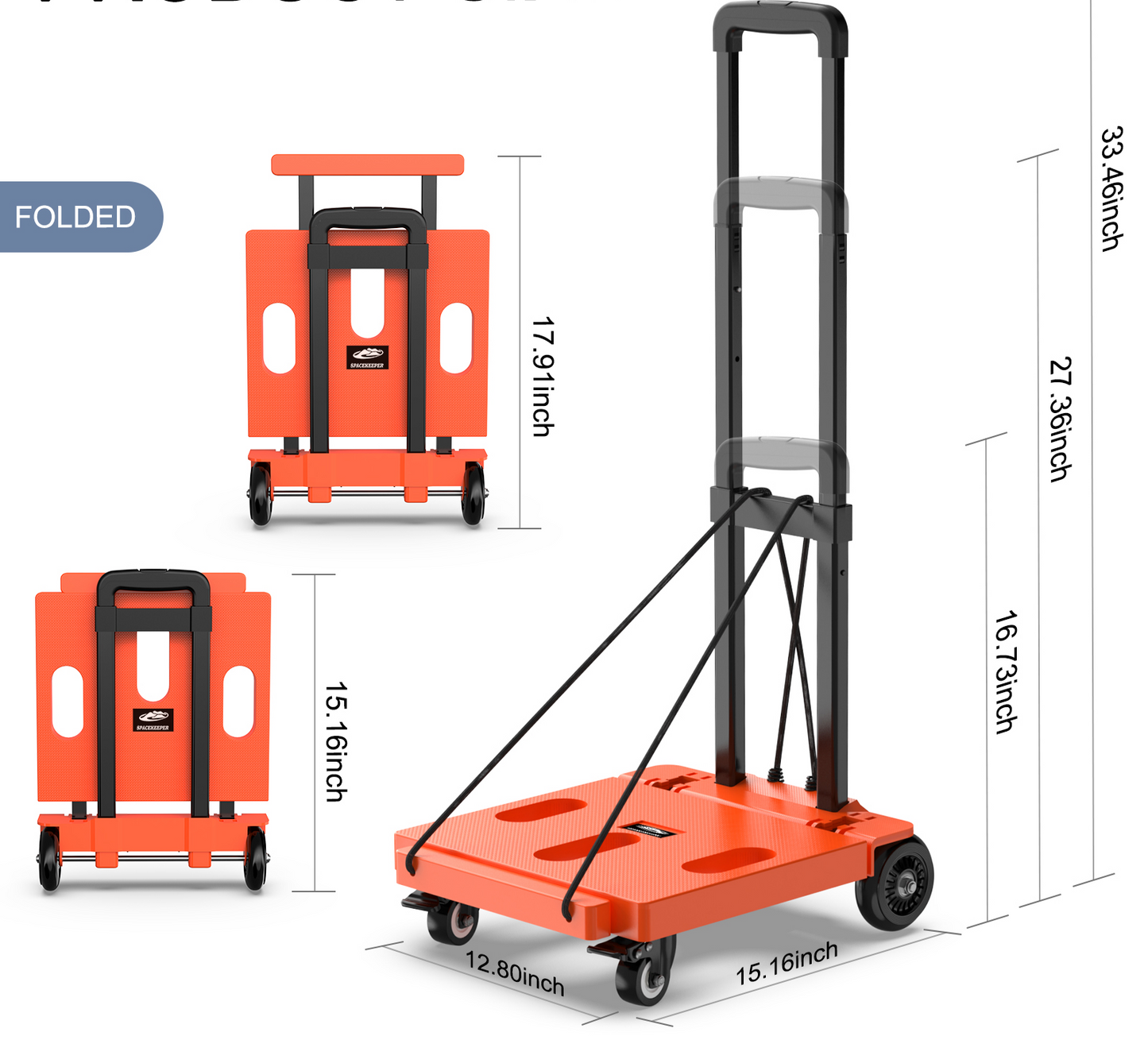 Foldable Dolly, Heavy Duty Dolly Cart, Hand Trucks Dolly, Fold Hand Trucks with 4 Wheels & 2 Elastic Ropes, 265 LB Dolly Cart Luggage Cart for Moving, Traveling and Shopping