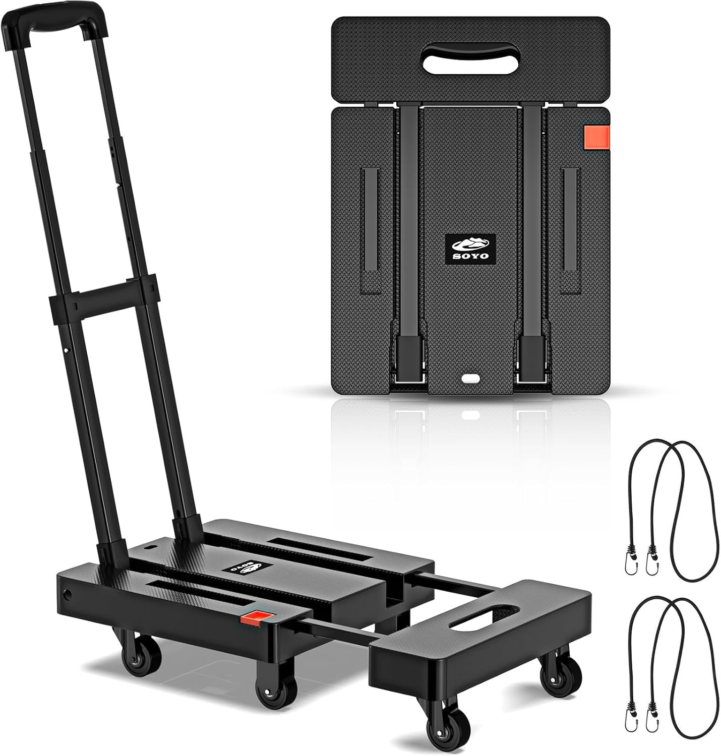 Foldable Dolly, Heavy Duty Dolly Cart, Folding Hand Truck with 6 Wheels & 2 Elastic Ropes, 500 LB Dolly Cart Capacity Portable Luggage Cart for Moving, Traveling and Shopping