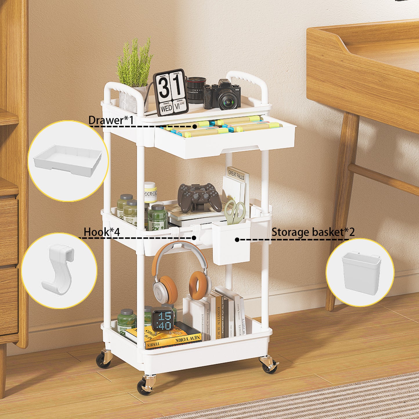 3 Tier Rolling Cart with Drawer, Utility cart with Handle, Bathroom Cart, Snack Cart, Storage Organizer with Lockable Wheels, Rolling Storage Cart for Kitchen, Bathroom, Office, 3 Tier