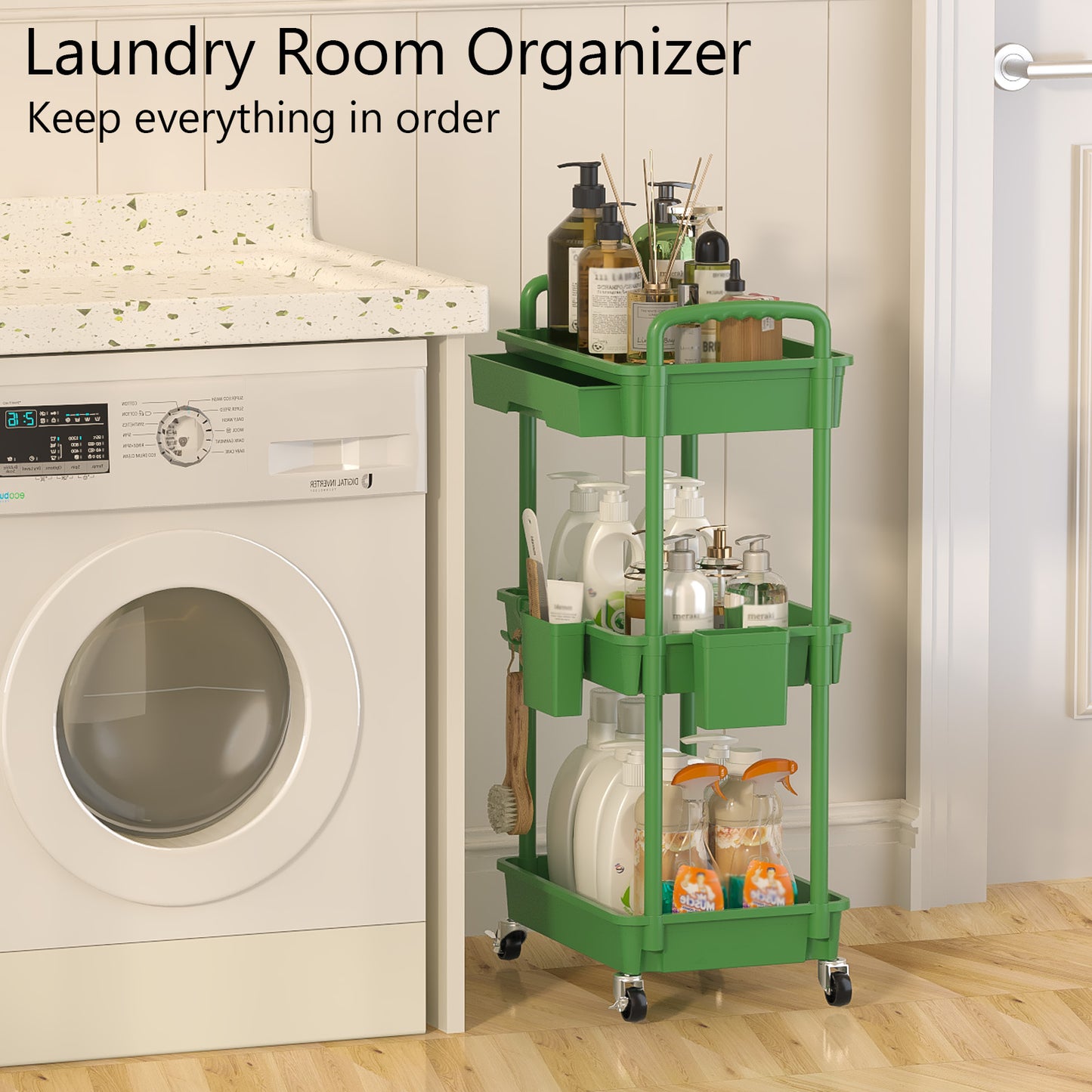 3 Tier Rolling Cart with Drawer, Utility cart with Handle, Bathroom Cart, Snack Cart, Storage Organizer with Lockable Wheels, Rolling Storage Cart for Kitchen, Bathroom, Office, 3 Tier