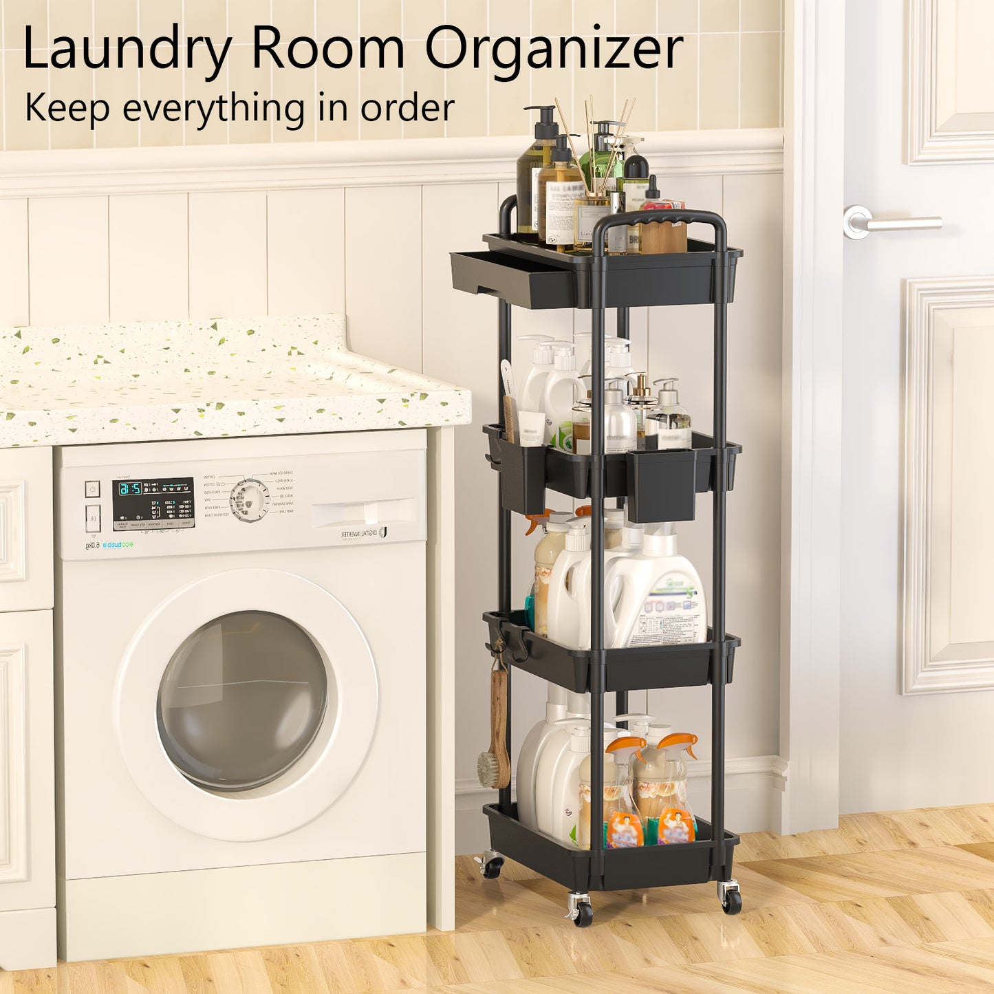 4 Tier Rolling Cart with Drawer, Utility cart with Handle, Bathroom Cart, Snack Cart, Storage Organizer with Lockable Wheels, Rolling Storage Cart for Kitchen, Bathroom, Office, 4 Tier