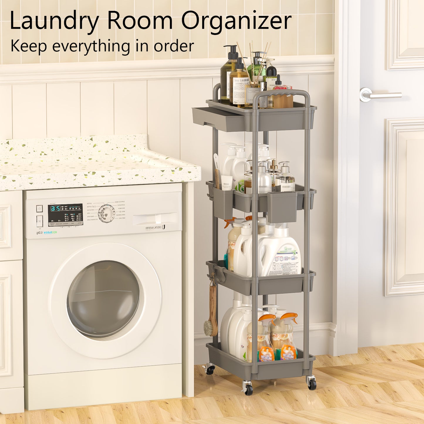 4 Tier Rolling Cart with Drawer, Utility cart with Handle, Bathroom Cart, Snack Cart, Storage Organizer with Lockable Wheels, Rolling Storage Cart for Kitchen, Bathroom, Office, 4 Tier