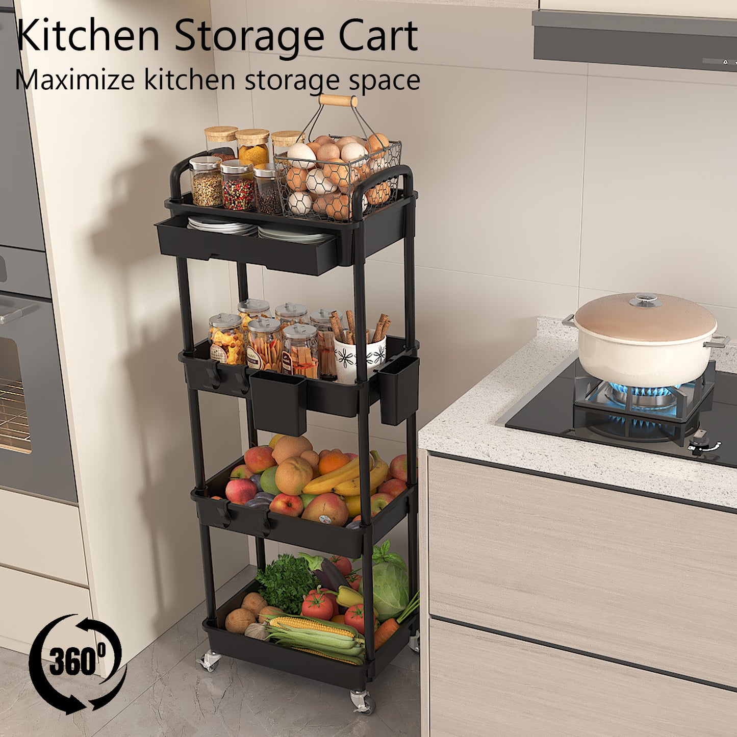 4 Tier Rolling Cart with Drawer, Utility cart with Handle, Bathroom Cart, Snack Cart, Storage Organizer with Lockable Wheels, Rolling Storage Cart for Kitchen, Bathroom, Office, 4 Tier