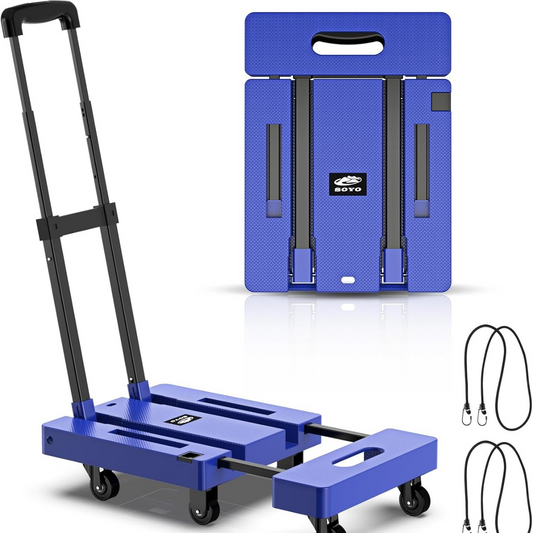 Foldable Dolly, Heavy Duty Dolly Cart, Folding Hand Truck with 6 Wheels & 2 Elastic Ropes, 500 LB Dolly Cart Capacity Portable Luggage Cart for Moving, Traveling and Shopping