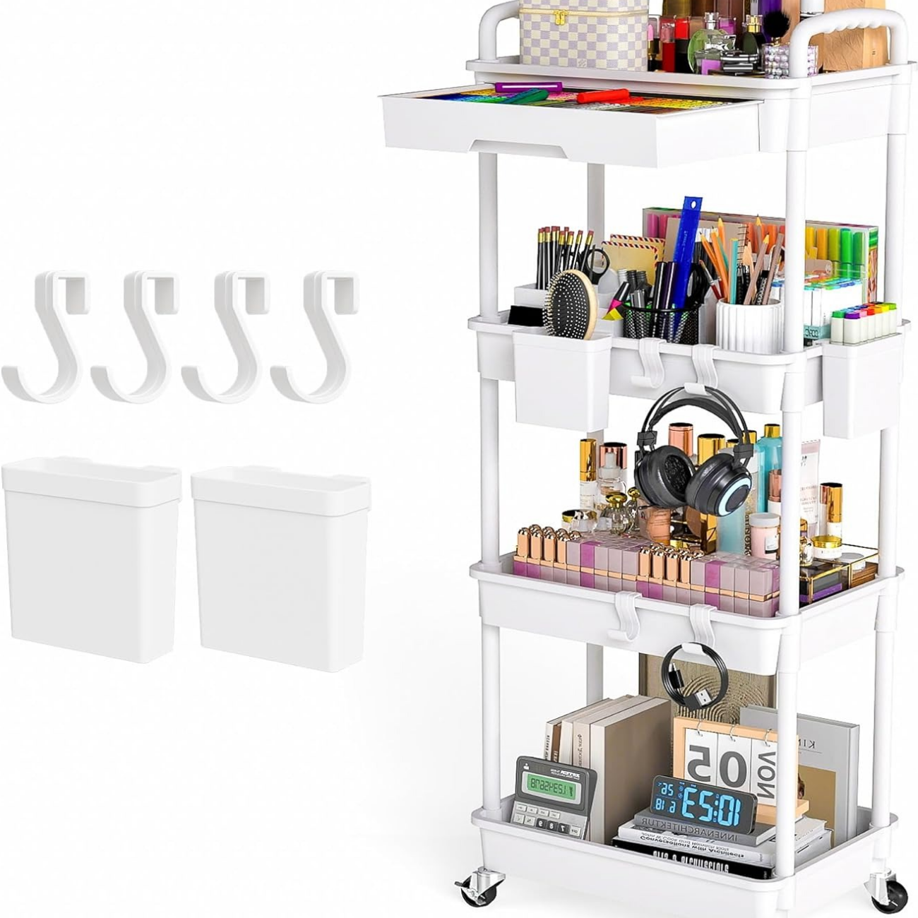 4 Tier Rolling Cart with Drawer, Utility cart with Handle, Bathroom Cart, Snack Cart, Storage Organizer with Lockable Wheels, Rolling Storage Cart for Kitchen, Bathroom, Office, 4 Tier