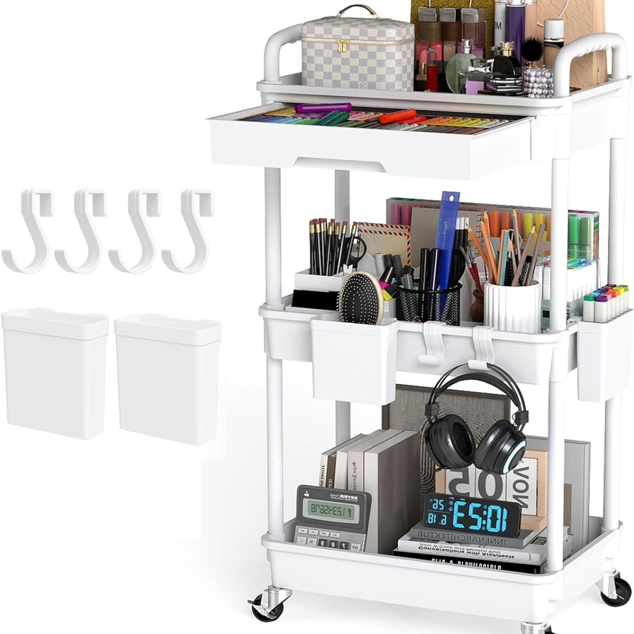 3 Tier Rolling Cart with Drawer, Utility cart with Handle, Bathroom Cart, Snack Cart, Storage Organizer with Lockable Wheels, Rolling Storage Cart for Kitchen, Bathroom, Office, 3 Tier